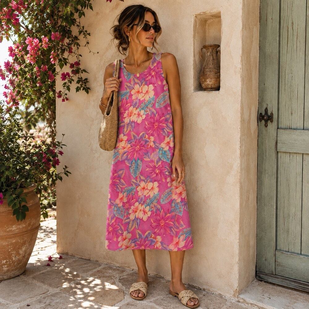 Loungees Dress Womens Small Pink Floral Midi 100% Cotton Tropical Beaded Boho